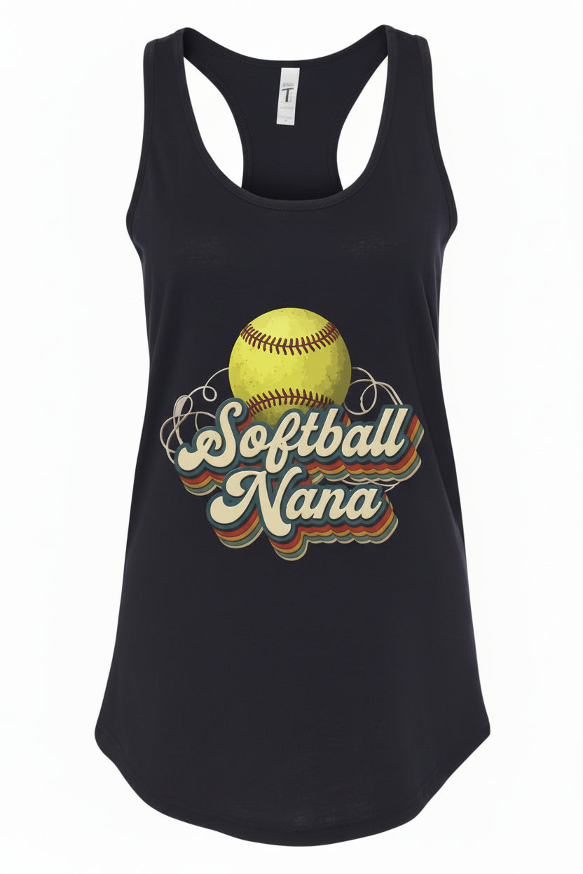 Softball Nana Groovy Retro Sports Family Fan Tank Top Black - N1533 - FRONT