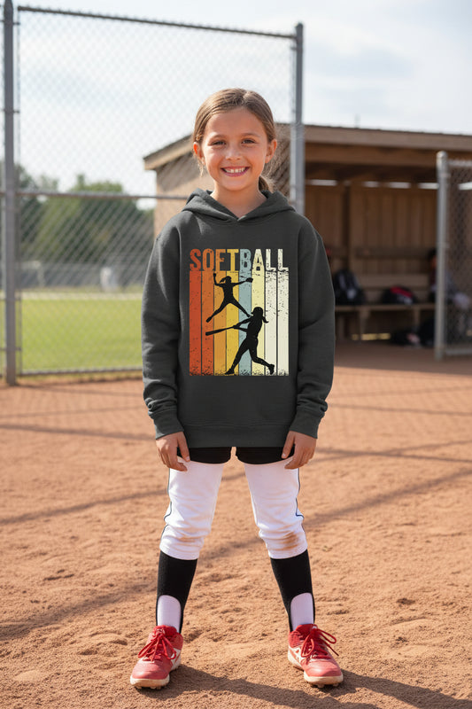 Softball Retro Sunset Silhouette Design Girls Sports Fan Artwork Hoodie Black - YST358 - FRONT
