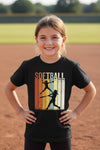 Softball Retro Sunset Silhouette Design Girls Sports Fan Artwork T-Shirt Black - G640B - FRONT