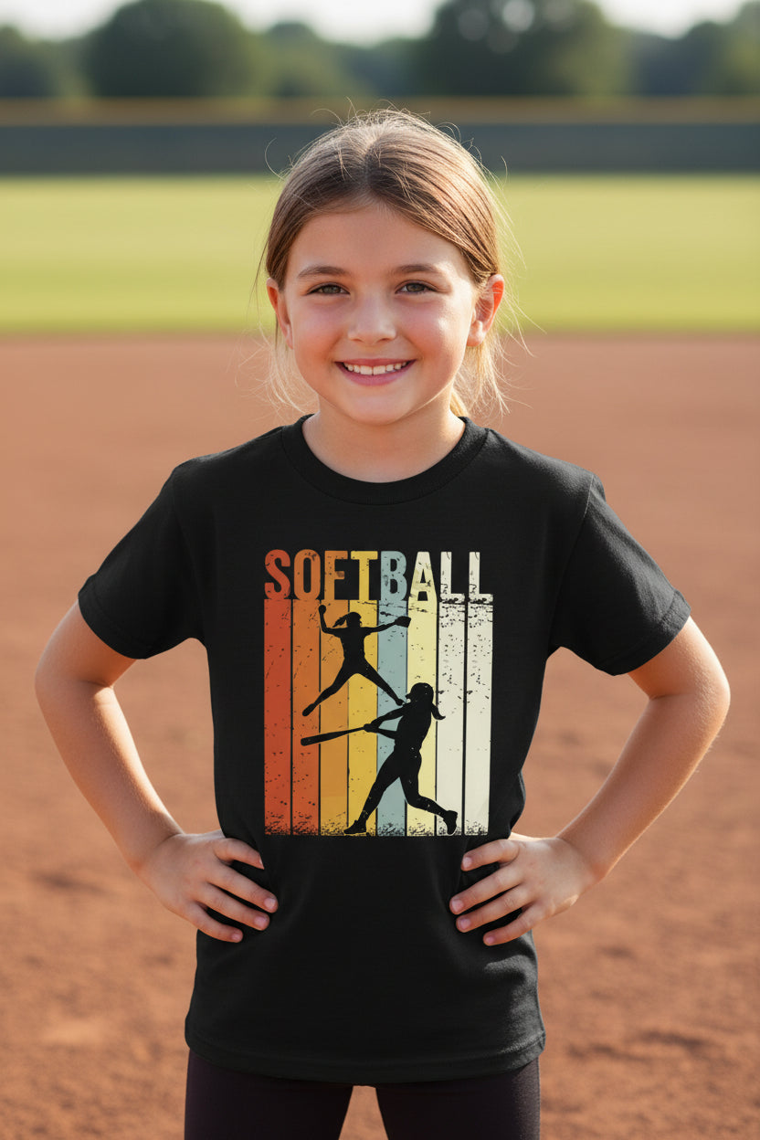 Softball Retro Sunset Silhouette Design Girls Sports Fan Artwork T-Shirt Black - G640B - FRONT