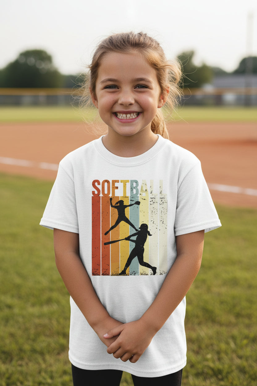 Softball Retro Sunset Silhouette Design Girls Sports Fan Artwork T-Shirt WHITE - G640B - FRONT
