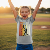 Softball Retro Sunset Silhouette Design Girls Sports Fan Artwork T-Shirt Sport Grey - G640B - FRONT