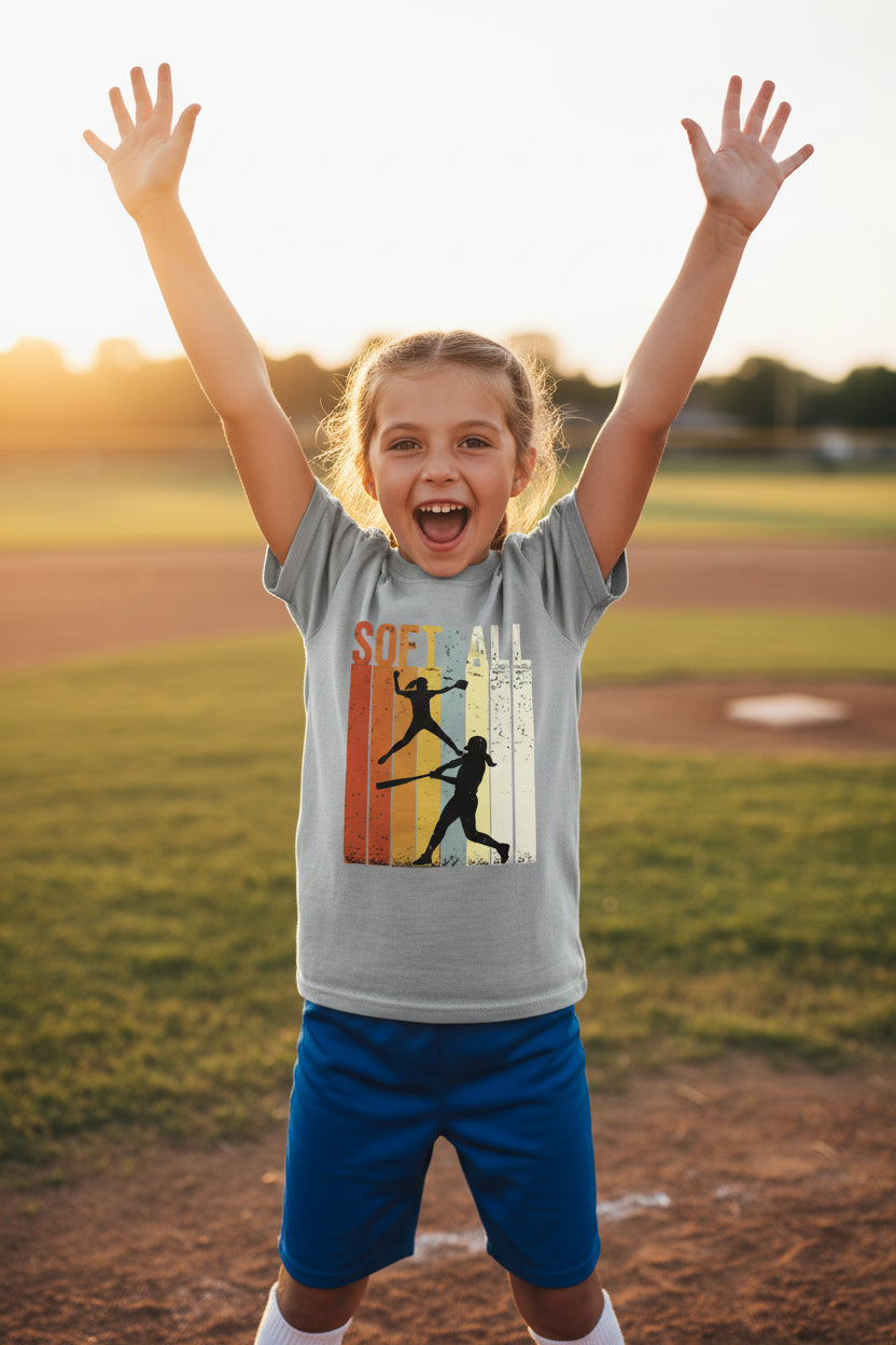 Softball Retro Sunset Silhouette Design Girls Sports Fan Artwork T-Shirt Sport Grey - G640B - FRONT