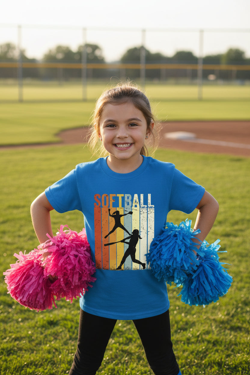 Softball Retro Sunset Silhouette Design Girls Sports Fan Artwork T-Shirt Royal - G640B - FRONT