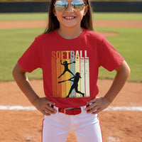 Softball Retro Sunset Silhouette Design Girls Sports Fan Artwork T-Shirt Red - G640B - FRONT