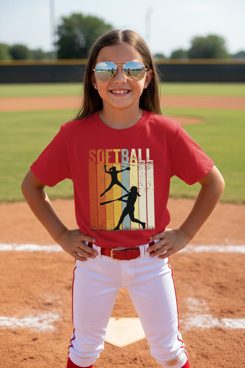 Softball Retro Sunset Silhouette Design Girls Sports Fan Artwork T-Shirt Red - G640B - FRONT