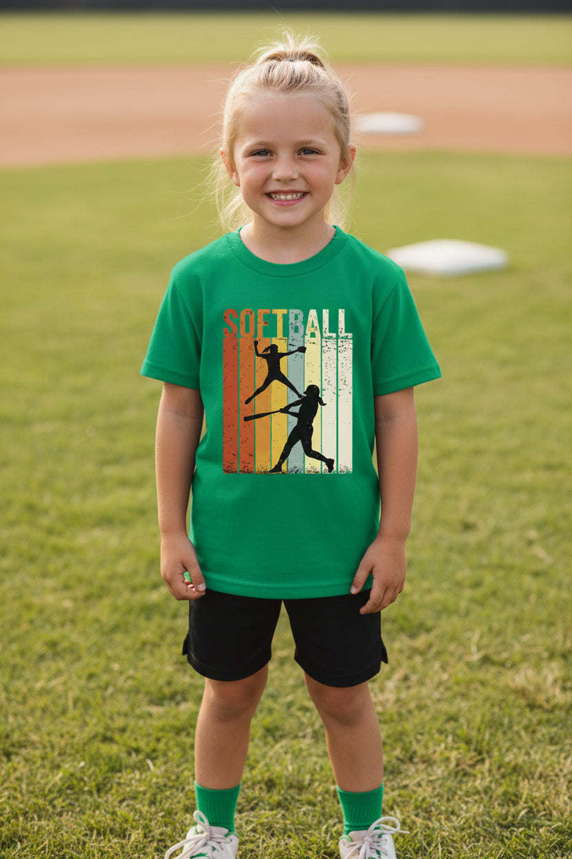 Softball Retro Sunset Silhouette Design Girls Sports Fan Artwork T-Shirt Irish Green - G640B - FRONT