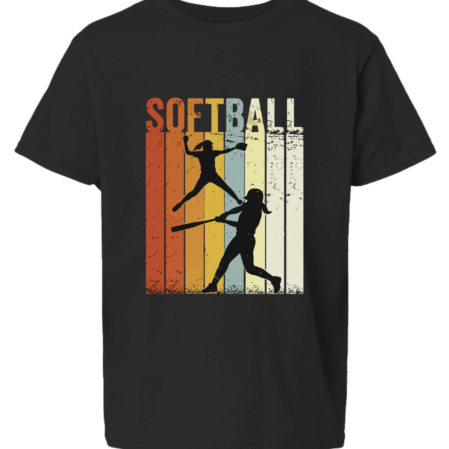 Softball Retro Sunset Silhouette Design Girls Sports Fan Artwork T-Shirt Black - G640B - FRONT