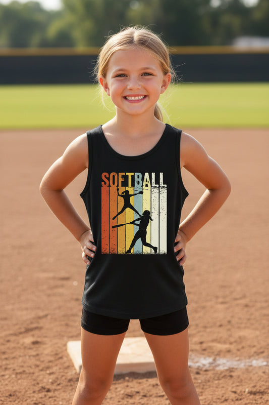 Softball Retro Sunset Silhouette Design Girls Sports Fan Artwork Tank Top Solid Black Triblend - 3480YCV - FRONT
