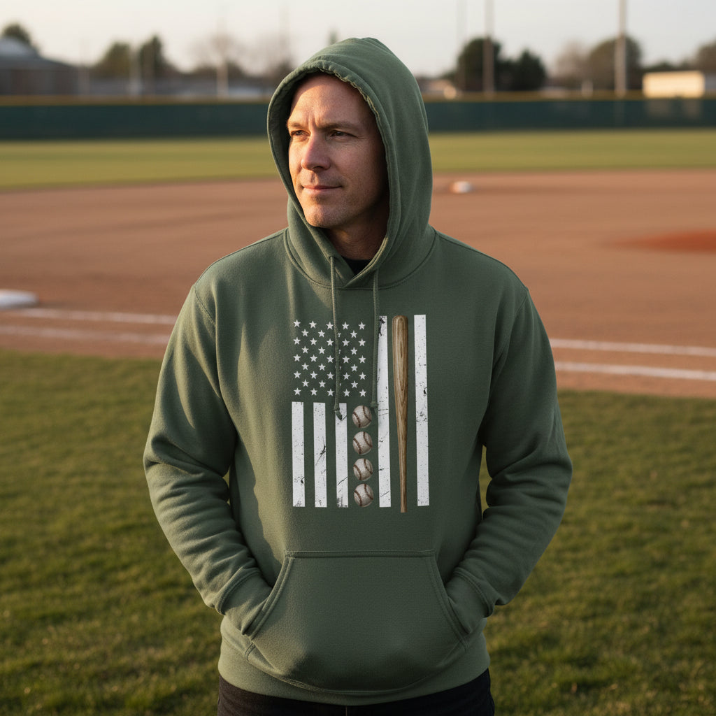 USA Baseball Flag Design - Patriotic Athlete & Bas 5eball Lover Mens Hoodie  MILITARY GREEN - FRONT