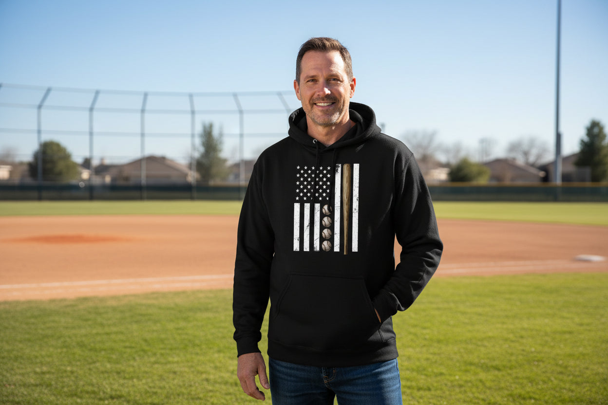 USA Baseball Flag Design - Patriotic Athlete & Baseball Lover Mens Hoodie BLACK - FRONT