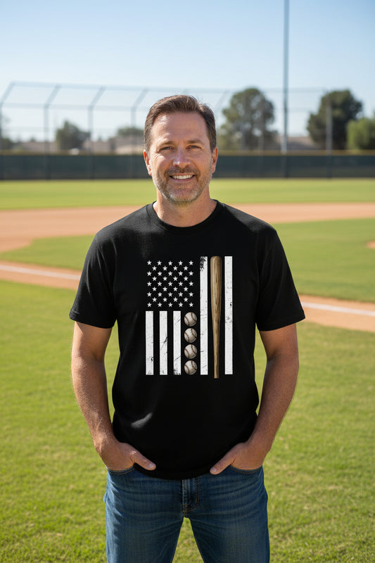 USA Baseball Flag Design - Patriotic Athlete & Baseball Lover Mens T-Shirt BLACK - FRONT