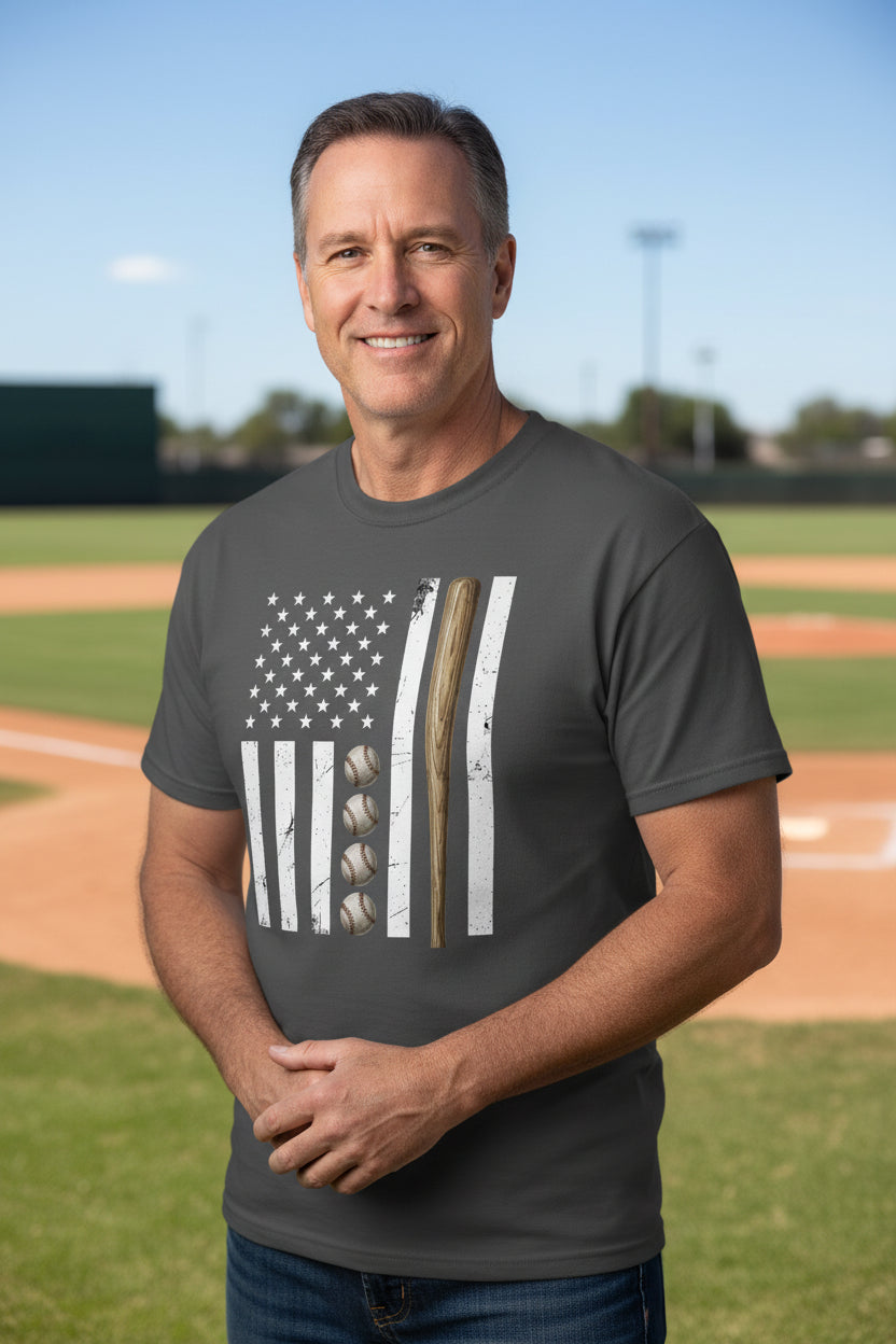 USA Baseball Flag Design - Patriotic Athlete & Baseball Lover Mens T-Shirt Heavy Metal - FRONT
