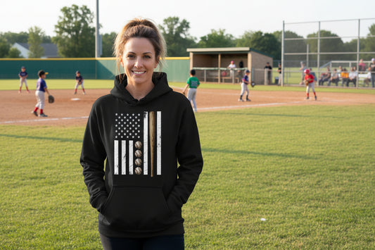 USA Baseball Flag Design - Patriotic Athlete & Baseball Lover Womens Hoodie BLACK - FRONT