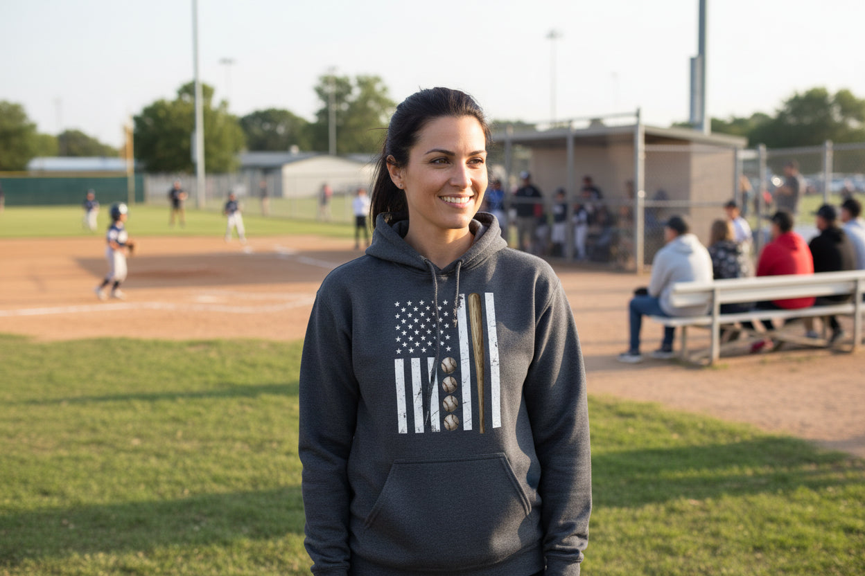 USA Baseball Flag Design - Patriotic Athlete & Baseball Lover Womens Hoodie DARK HEATHER - FRONT