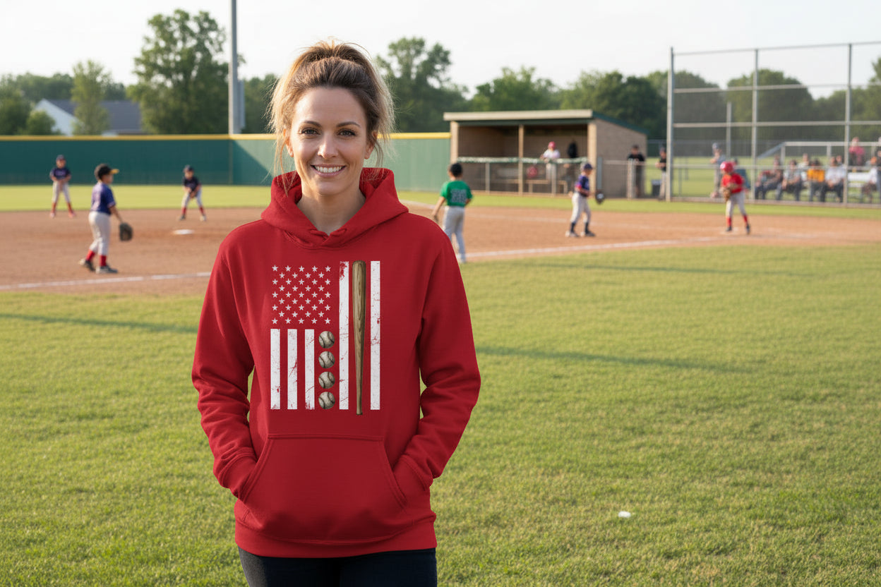 USA Baseball Flag Design - Patriotic Athlete & Baseball Lover Womens Hoodie RED - FRONT