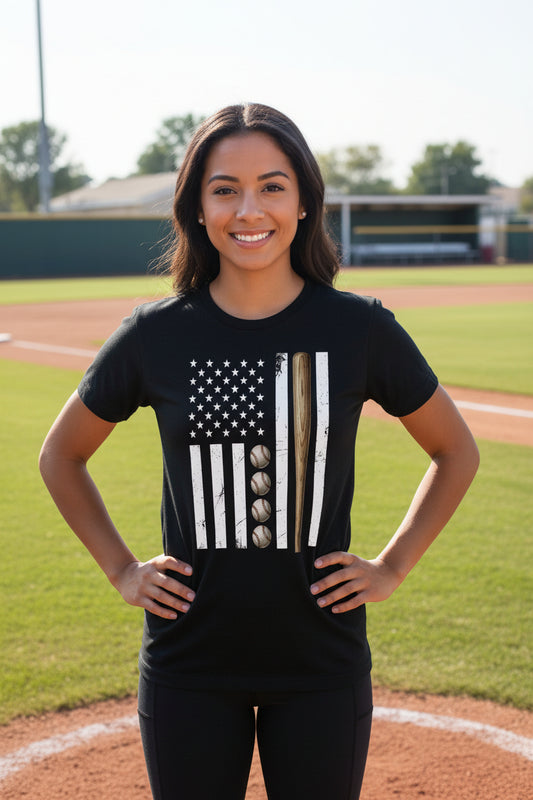 USA Baseball Flag Design - Patriotic Athlete & Baseball Lover Womens T-Shirt BLACK - FRONT