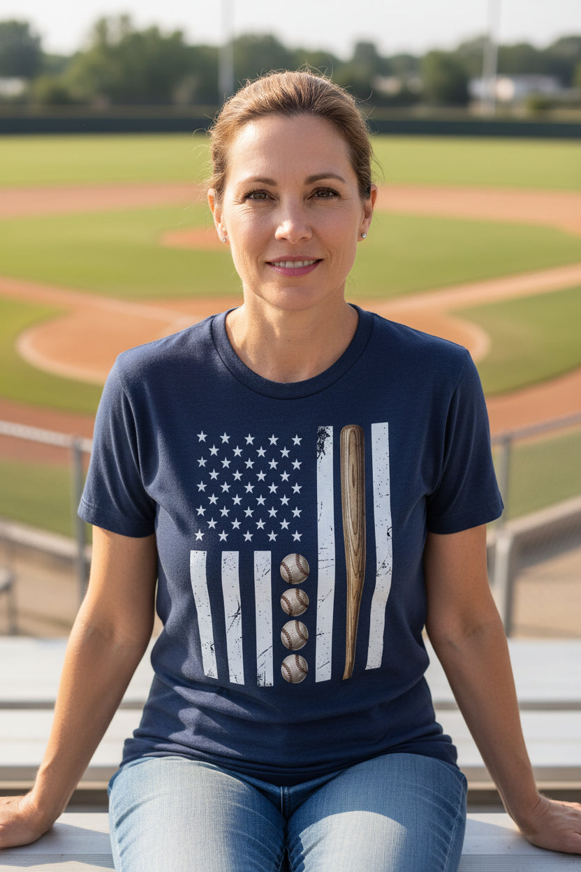 USA Baseball Flag Design - Patriotic Athlete & Baseball Lover Womens T-Shirt NAVY - FRONT