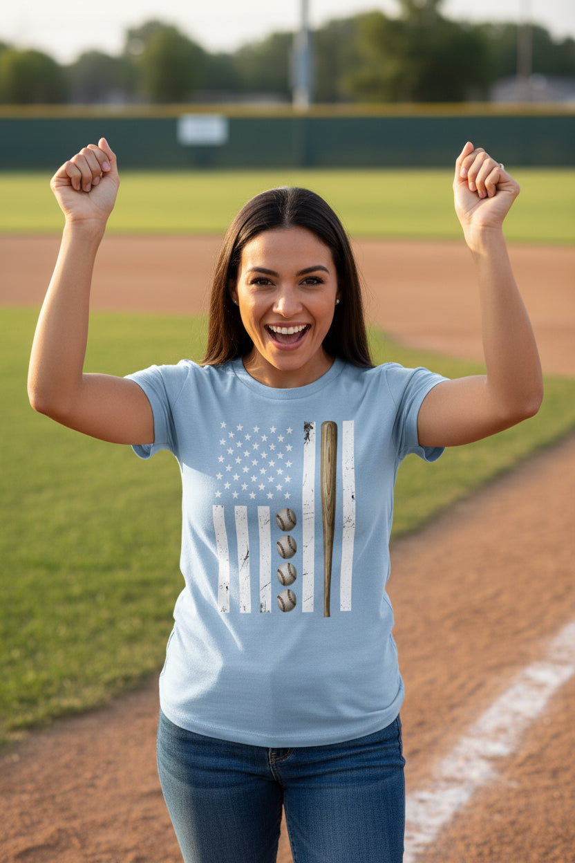 USA Baseball Flag Design - Patriotic Athlete & Baseball Lover Womens T- Shirt BABY BLUE - FRONT