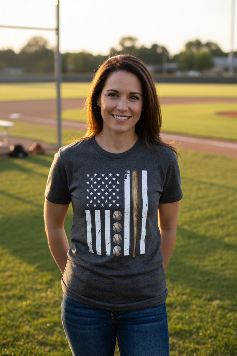 USA Baseball Flag Design - Patriotic Athlete & Baseball Lover Womens T-ShirtDRK GREY HEATHER - FRONT