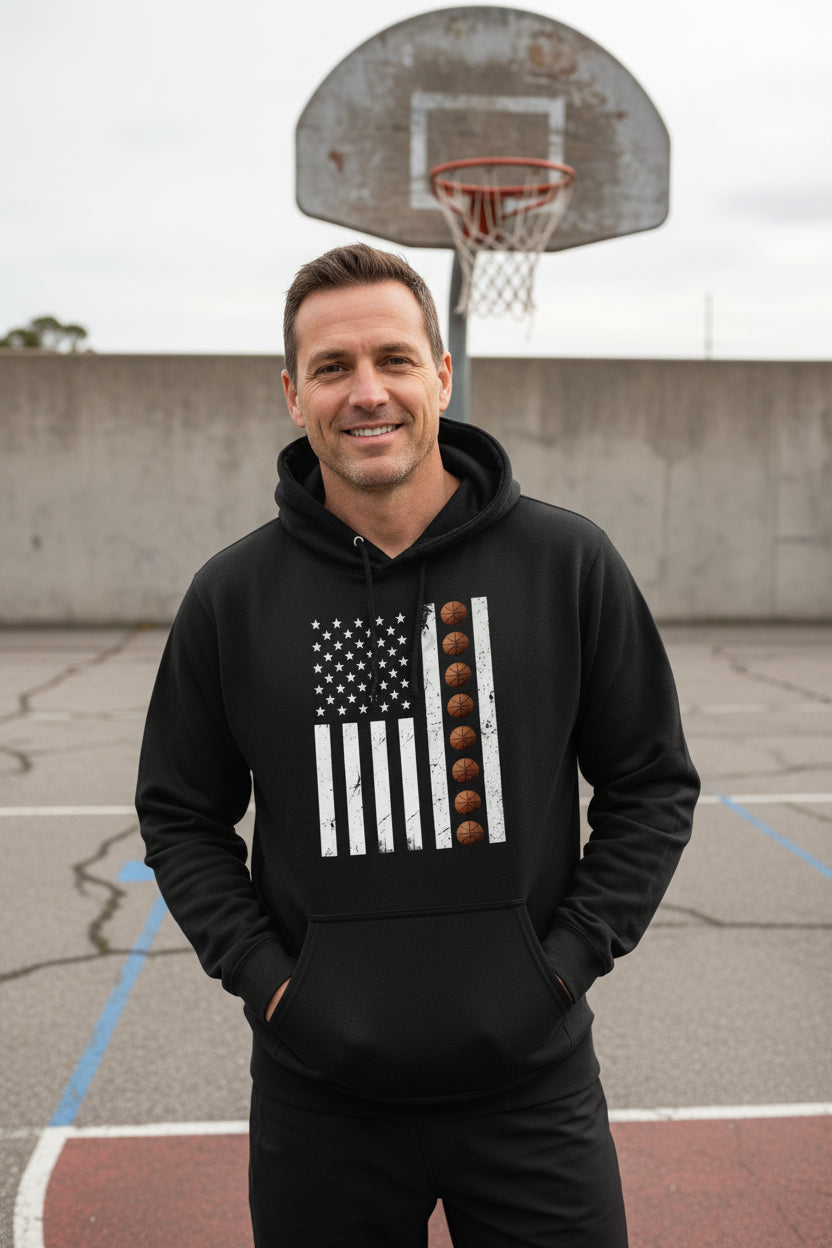 USA Basketball Flag Design - Patriotic Athlete & Basketball Lover Hoodie for Men BLACK - FRONT
