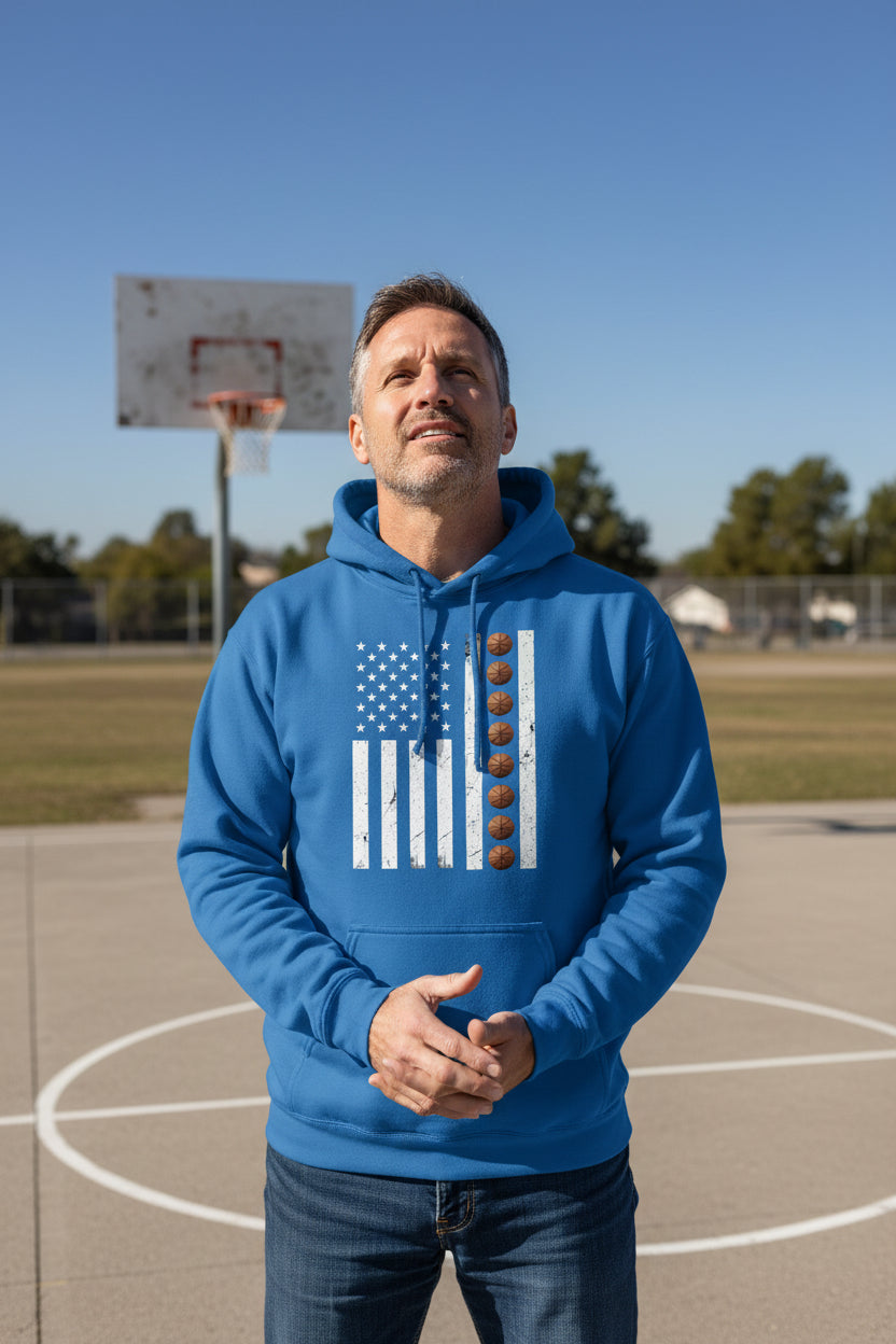 USA Basketball Flag Design - Patriotic Athlete & Basketball Lover Hoodie for Men Royal - FRONT