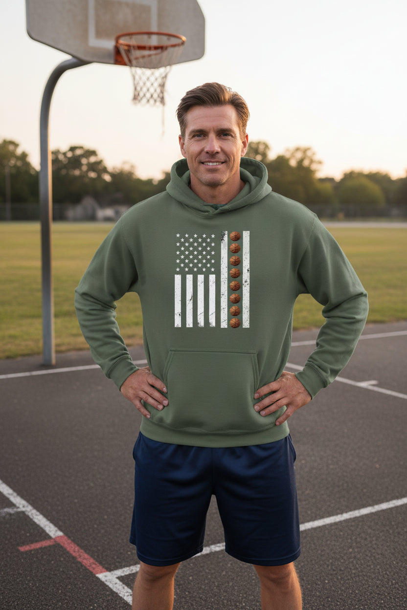 USA Basketball Flag Design - Patriotic Athlete & Basketball Lover Hoodie for Men MILITARY GREEN - FRONT