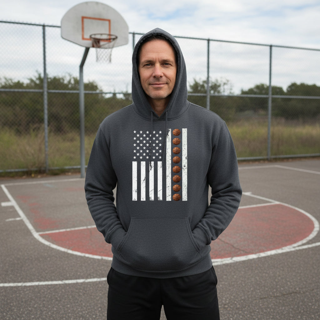 USA Basketball Flag Design - Patriotic Athlete & Basketball Lover Hoodie for Men DARK HEATHER - FRONT