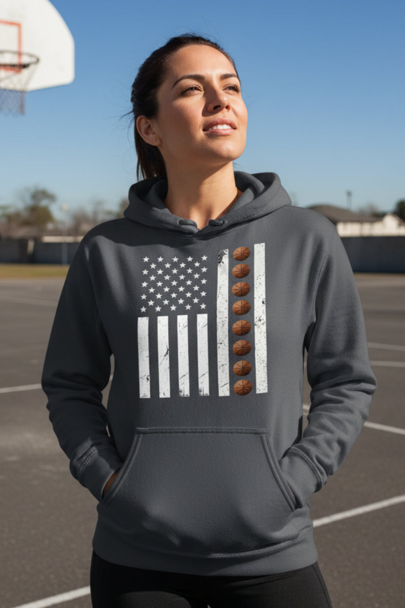 USA Basketball Flag Design - Patriotic Athlete & Basketball Lover Hoodie for Women DARK HEATHER - FRONT