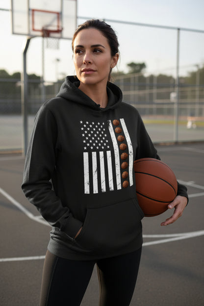 USA Basketball Flag Design - Patriotic Athlete & Basketball Lover Hoodie for Women BLACK - FRONT