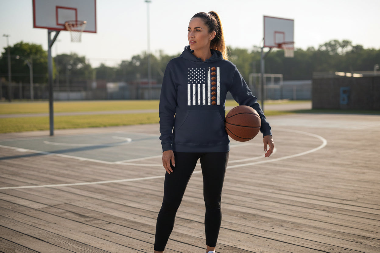 USA Basketball Flag Design - Patriotic Athlete & Basketball Lover Hoodie for Women NAVY - FRONT