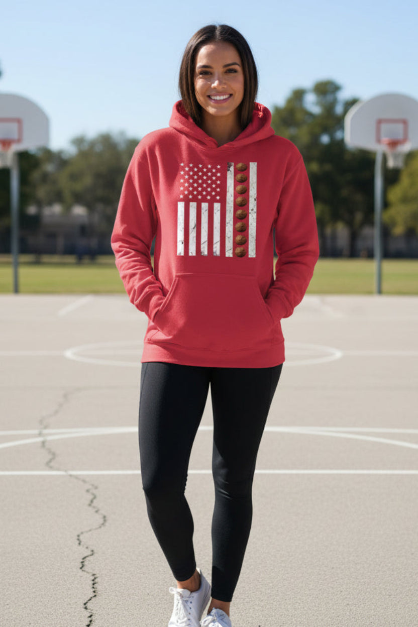 USA Basketball Flag Design - Patriotic Athlete & Basketball Lover Hoodie for Women RED - FRONT
