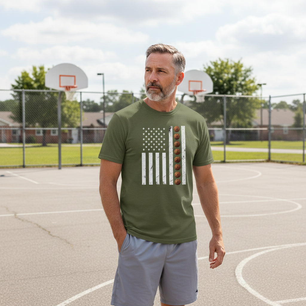 USA Basketball Flag Design - Patriotic Athlete & Basketball Lover T-Shirt for Men MILITARY GREEN -  FRONT