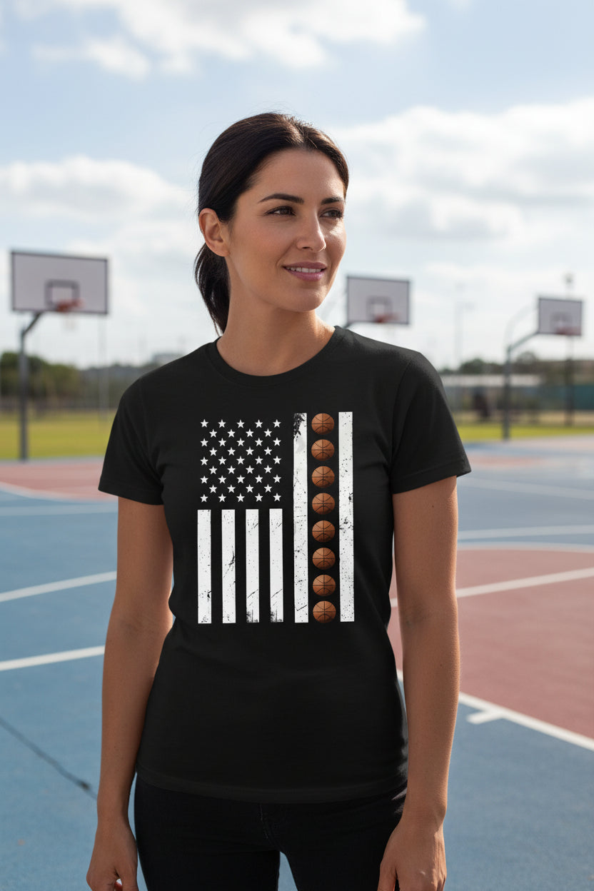 USA Basketball Flag Design - Patriotic Athlete & Basketball Lover T-Shirt for Women BLACK - FRONT