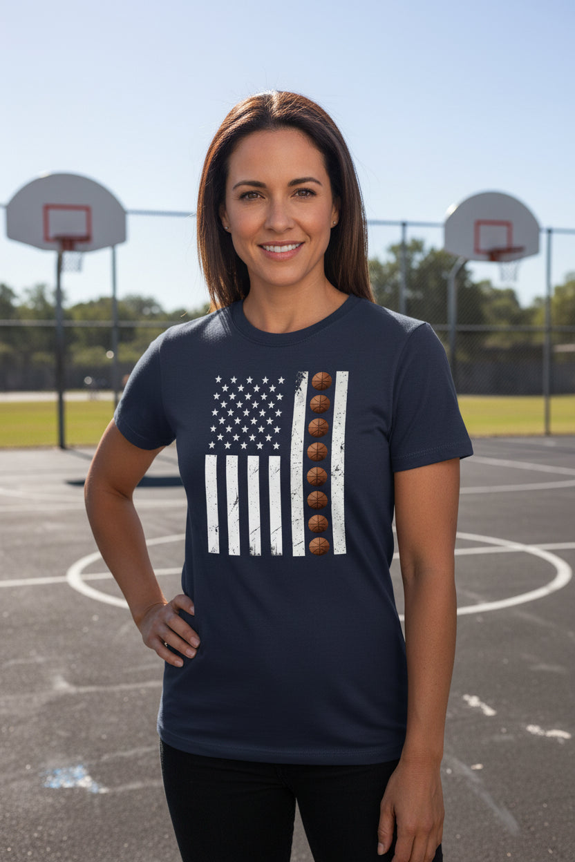 USA Basketball Flag Design - Patriotic Athlete & Basketball Lover T-Shirt for Women NAVY - FRONT