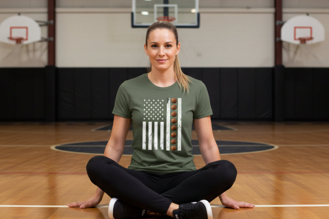 USA Basketball Flag Design - Patriotic Athlete & Basketball Lover T-Shirt for Women Military Green - FRONT