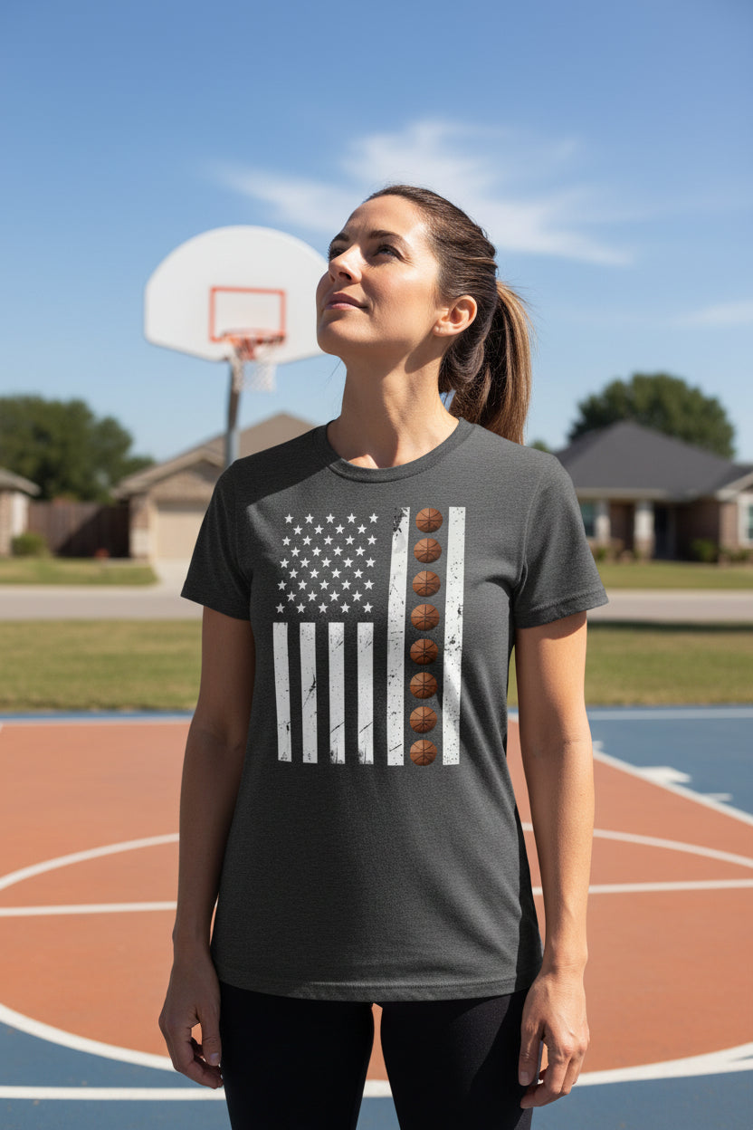 USA Basketball Flag Design - Patriotic Athlete & Basketball Lover T-Shirt for Women DRK GREY HEATHER - FRONT