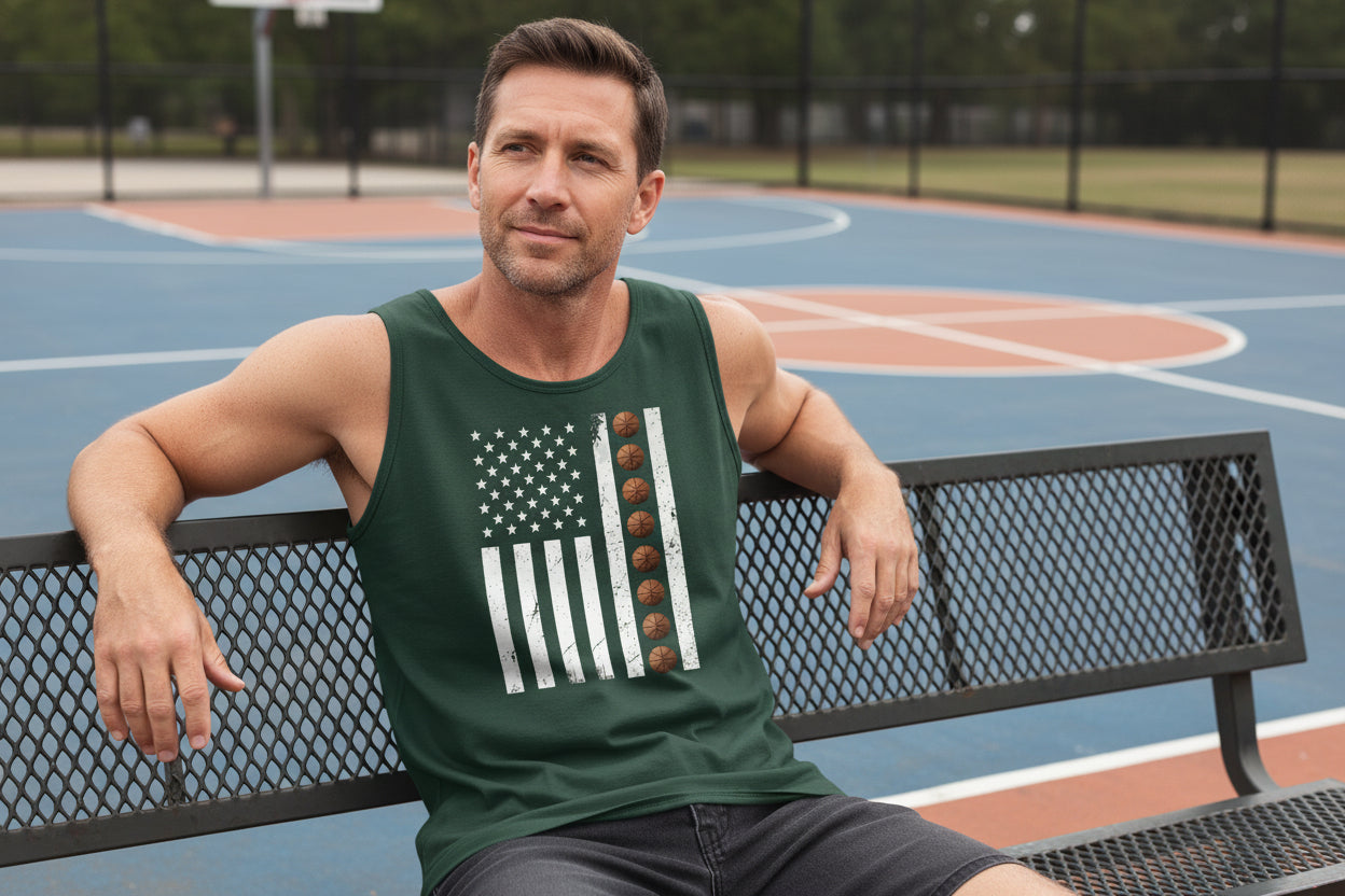 USA Basketball Flag Design - Patriotic Athlete & Basketball Lover Tank Top for Men Forest - FRONT