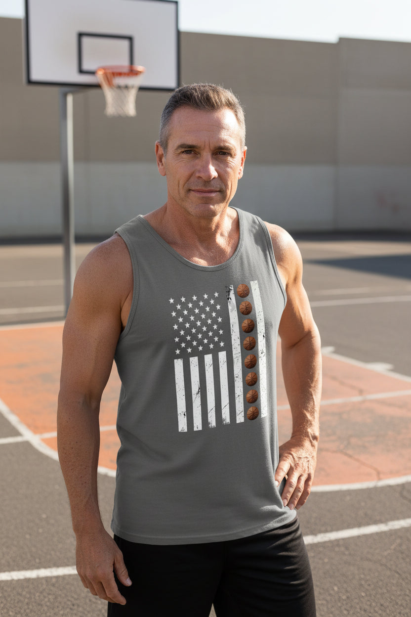 USA Basketball Flag Design - Patriotic Athlete & Basketball Lover Tank Top for Men DARK GREY - FRONT