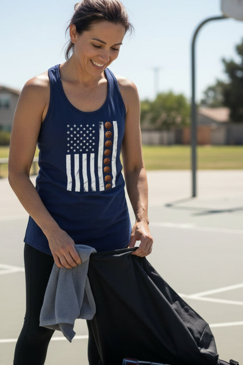 USA Basketball Flag Design - Patriotic Athlete & Basketball Lover Tank Top for Women Midnight Navy - FRONT