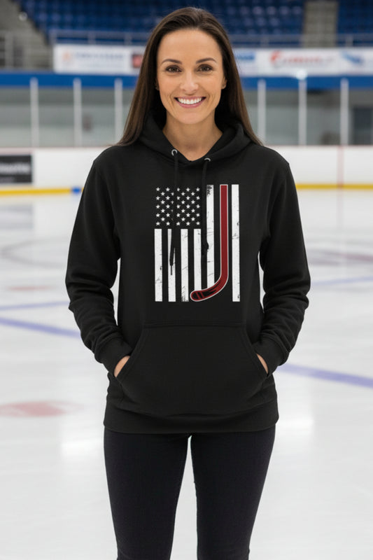 USA Hockey Flag Design - Patriotic Athlete & Hockey Lover Hoodie for Ladies BLACK - FRONT