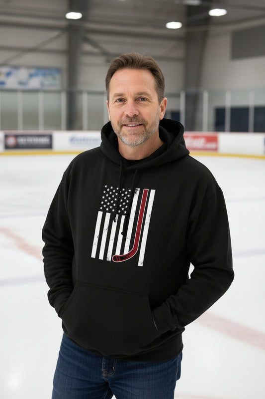 USA Hockey Flag Design - Patriotic Athlete & Hockey Lover Hoodie for Men BLACK - FRONT