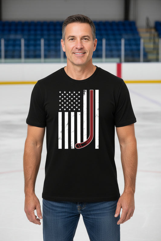 USA Hockey Flag Design - Patriotic Athlete & Hockey Lover T-Shirt for Men BLACK - FRONT