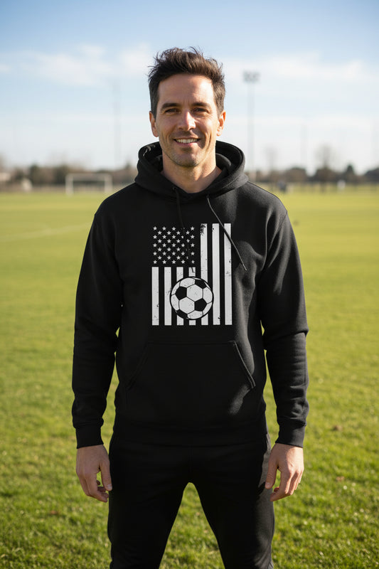 USA Soccer Flag Design - Patriotic Athlete & Soccer Lover Hoodie for Men BLACK - FRONT