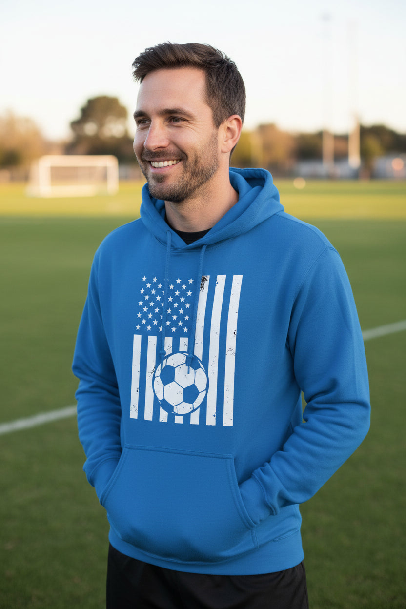 USA Soccer Flag Design - Patriotic Athlete & Soccer Lover Hoodie for Men Royal - FRONT