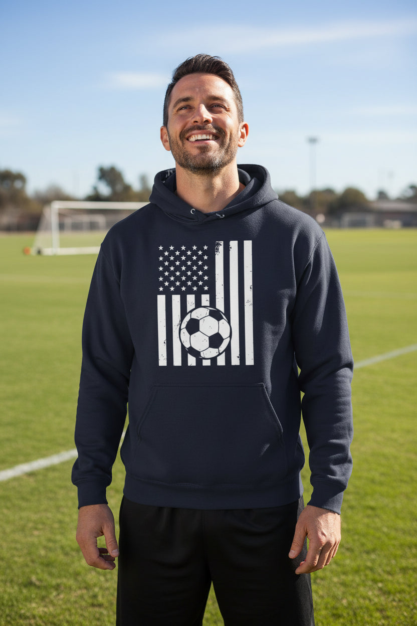 USA Soccer Flag Design - Patriotic Athlete & Soccer Lover Hoodie for Men NAVY - FRONT