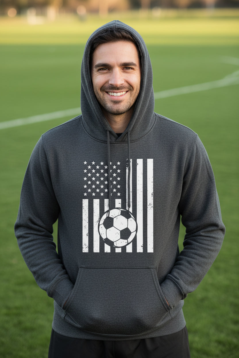 USA Soccer Flag Design - Patriotic Athlete & Soccer Lover Hoodie for Men DARK HEATHER - FRONT