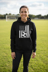 USA Soccer Flag Design - Patriotic Athlete & Soccer Lover Hoodie for Women BLACK - FRONT