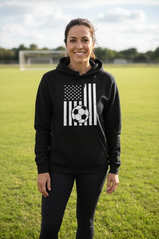USA Soccer Flag Design - Patriotic Athlete & Soccer Lover Hoodie for Women BLACK - FRONT