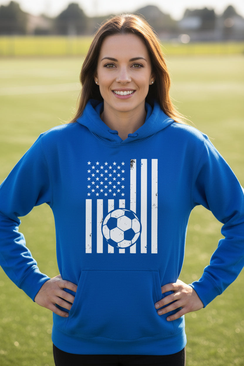 USA Soccer Flag Design - Patriotic Athlete & Soccer Lover Hoodie for Women Royal - FRONT